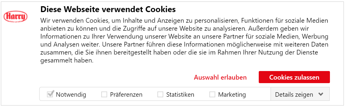 Cookie Layer Übersicht Kunde Harry Brot