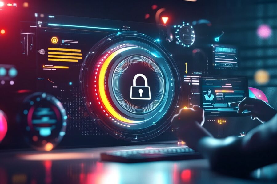 Headerbild mit verschiedenen Asoekten der Website Sicherheit. Zwei dubiose Gestalten versuchen vergeblich eine Website zu hacken.