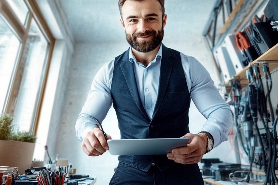 Ein sympathischer Mann in einer Computer Werkstatt. Kleinteile sind um ihn herum verteilt.