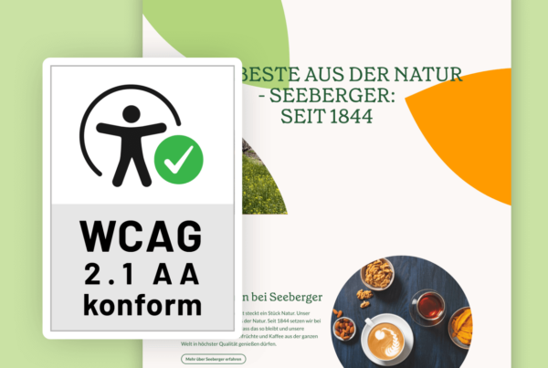 ein Screenshot der Seeberger Gruppe Website mit einem WCAG 2.1 AA Zertifikat daneben