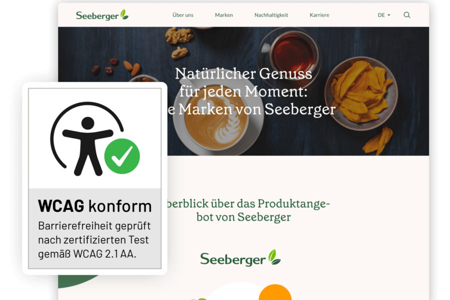 Das Headerbild der Seeberger Gruppe Website mit einem WCAG 2.1 AA Zertifikat daneben