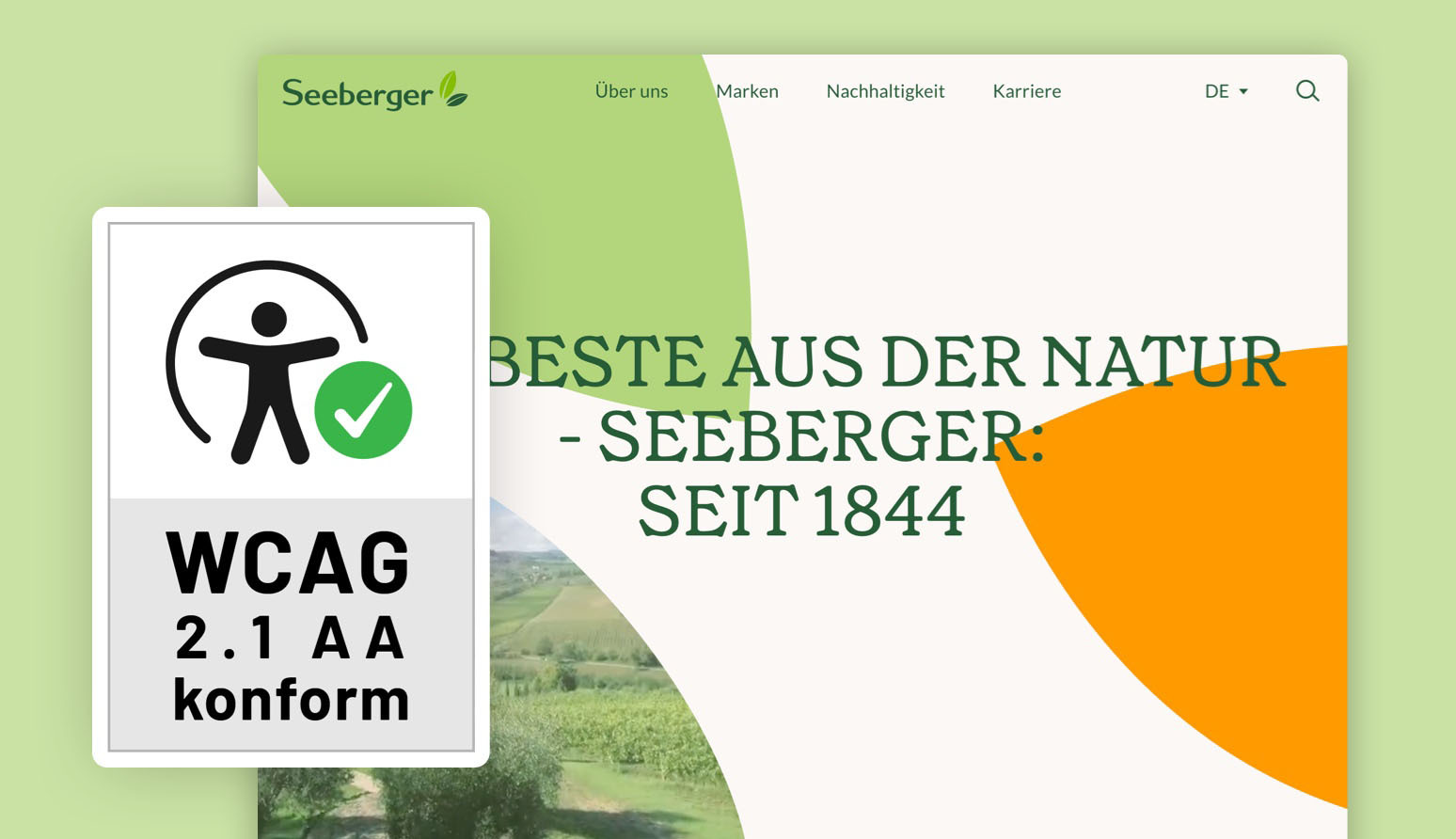 Website-Design von Seeberger mit einem WCAG 2.1 AA-konformen Abzeichen, das die Zugänglichkeit der Seite bestätigt.