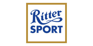 Ritter Sport Logo mit blauem Schriftzug auf weißem Hintergrund, umrahmt von einem goldenen Rand.